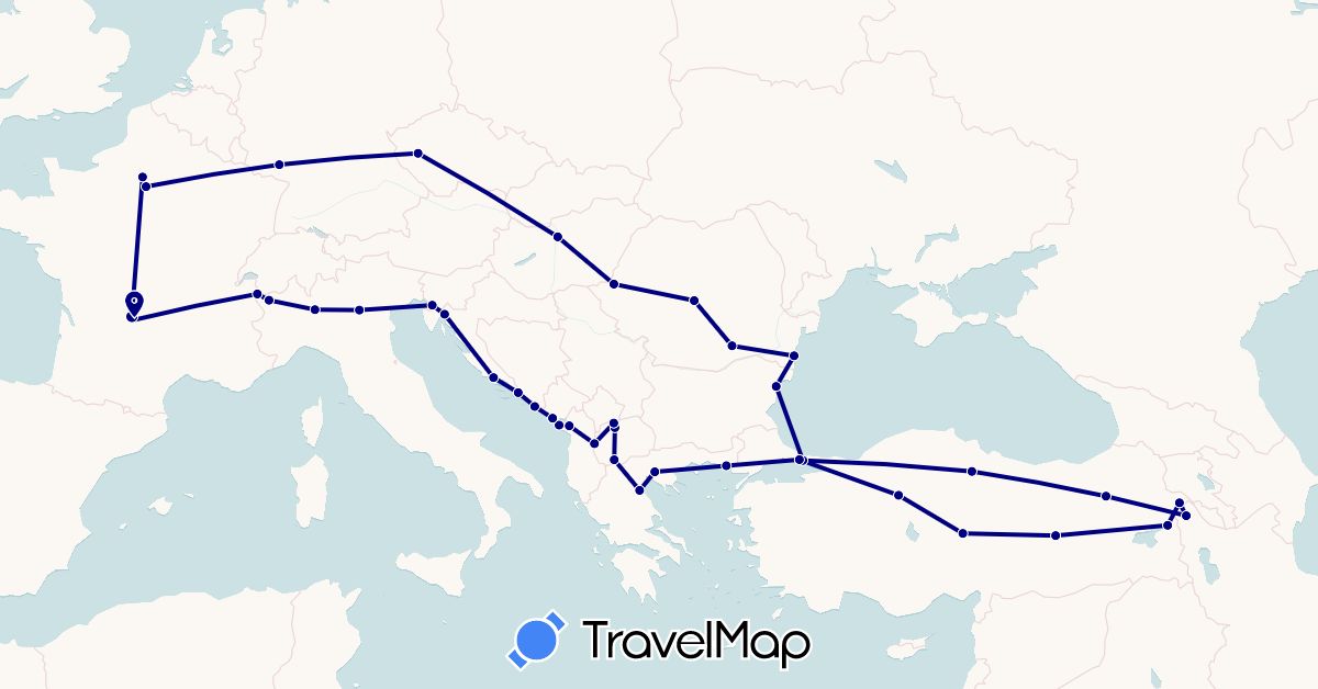 TravelMap itinerary: driving in Albania, Bulgaria, Czech Republic, Germany, France, Greece, Croatia, Hungary, Iran, Italy, Montenegro, Macedonia, Romania, Slovenia, Turkey (Asia, Europe)